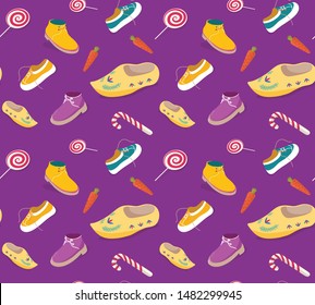 Vector Seamless St Nicholas day pattern with cute colored holland traditional elements: shoes, candies, carrots. 