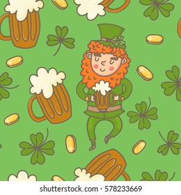 Vector seamless St. Patricks Day pattern with beer and leprechaun in flat style.