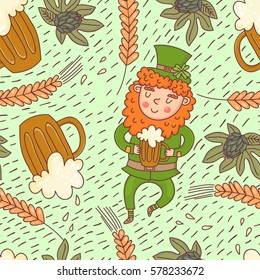 Vector seamless St. Patricks Day pattern with beer and leprechaun in flat style.
