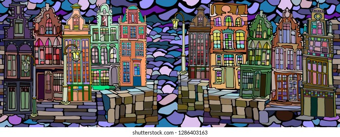 Vector seamless stained glass pattern with Dutch fictional vintage houses. Hand drawn.