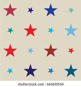 Vector seamless stars background. Retro fabric design, childrens or jeans denim fashion pattern. Red, blue, turquoise stars on a beige or ocher background. American identity colours, cowboy style.