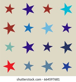 Vector seamless stars background. Retro fabric design, childrens or jeans denim fashion pattern. Red, blue, turquoise stars on a beige or ocher background. American identity colours, cowboy style.