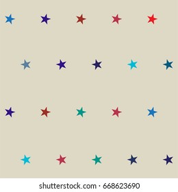 Vector seamless stars background. Retro fabric design, childrens or jeans denim fashion pattern. Red, blue, turquoise stars on a beige or ocher background. American identity colours, cowboy style.