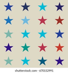 Vector seamless stars background. Retro fabric design, childrens or jeans denim fashion pattern. Red, blue, turquoise stars on a beige or ocher background. American identity colours, cowboy style.