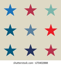 Vector seamless stars background. Retro fabric design, childrens or jeans denim fashion pattern. Red, blue, turquoise stars on a beige or ocher background. American identity colours, cowboy style.
