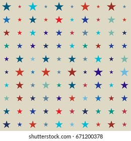 Vector seamless stars background. Retro fabric design, childrens or jeans denim fashion pattern. Red, blue, turquoise stars on a beige or ocher background. American identity colours, cowboy style.