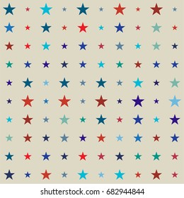 Vector seamless stars background. Retro fabric design, childrens or jeans denim fashion pattern. Red, blue, turquoise stars on a beige or ocher background. American identity colours, cowboy style.