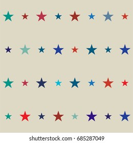 Vector seamless stars background. Retro fabric design, childrens or jeans denim fashion pattern. Red, blue, turquoise stars on a beige or ocher background. American identity colours, cowboy style.