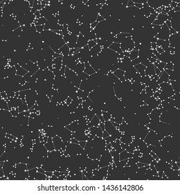 Vector seamless with a lot of stars black cosmic background. Space/ zodiacal/ universe white thin line elements pattern. Astronomy and Astrology objects. For fabric, textile, banner, design.