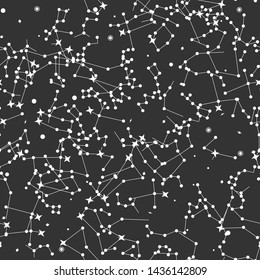 Vector seamless with a lot of stars black cosmic background. Space/ zodiacal/ universe white thin line elements pattern. Astronomy and Astrology objects. For fabric, textile, banner, design.