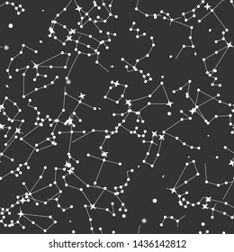 Vector seamless with a lot of stars black cosmic background. Space/ zodiacal/ universe white thin line elements pattern. Astronomy and Astrology objects. For fabric, textile, banner, design.
