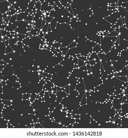 Vector seamless with a lot of stars black cosmic background. Space/ zodiacal/ universe white thin line elements pattern. Astronomy and Astrology objects. For fabric, textile, banner, design.