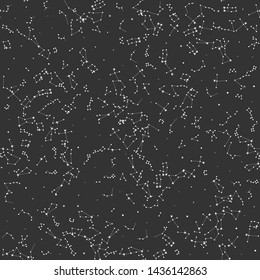 Vector seamless with a lot of stars black cosmic background. Space/ zodiacal/ universe white thin line elements pattern. Astronomy and Astrology objects. For fabric, textile, banner, design.