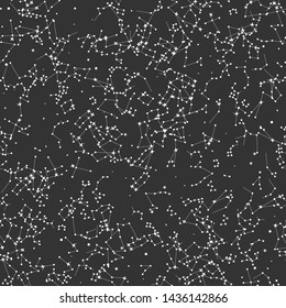 Vector seamless with a lot of stars black cosmic background. Space/ zodiacal/ universe white thin line elements pattern. Astronomy and Astrology objects. For fabric, textile, banner, design.