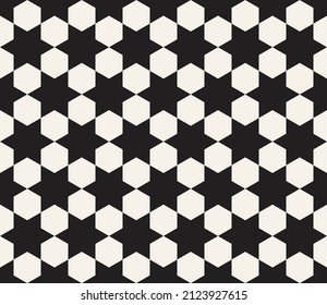 Vector seamless stars and hexagons tiling pattern. Repeating geometric elements. Stylish monochrome background design.
