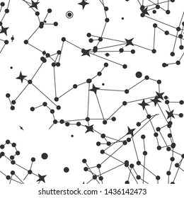 Vector seamless with a lot of stars white cosmic background. Space/ zodiacal/ universe black thin line elements pattern. Astronomy and Astrology objects. For fabric, textile, banner, design and cover.