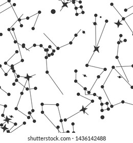 Vector seamless with a lot of stars white cosmic background. Space/ zodiacal/ universe black thin line elements pattern. Astronomy and Astrology objects. For fabric, textile, banner, design and cover.