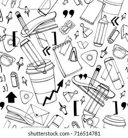 Vector seamless stationery pattern. Hand drawn black & white background. Doodle stylish office pattern.