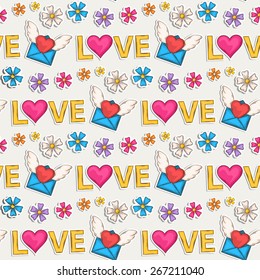 Vector seamless sticker pattern with love letter,heart,wing,flower,text and shadow in doodle style on a white background