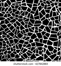 Vector seamless stone pattern. Broken glass. Abstract mosaic pattern. Black and white background. For design and decorate path, wall, backdrop. Masonry endless texture. Broken crack mirror. Spiderweb, svg