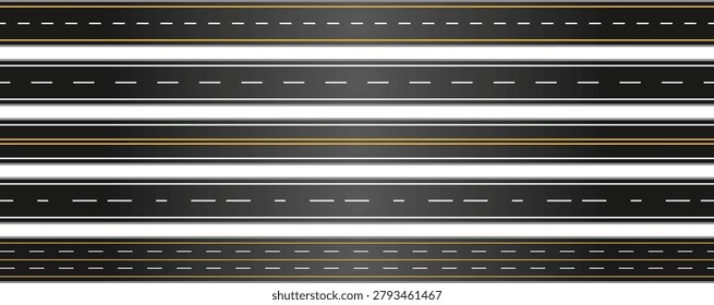 Vector seamless straight asphalt road graphic. Highway street lane for transportation illustration. Urban roads. Two-lane asphalt highway top view template. Seamless straight road vectors with yellow and white markings. Overhead view of highway streets with dashed lines. Flat vector road segments isolated on white background.