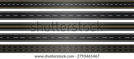 Vector seamless straight asphalt road graphic. Highway street lane for transportation illustration. Urban roads. Two-lane asphalt highway top view template. Seamless straight road vectors with yellow and white markings. Overhead view of highway streets with dashed lines. Flat vector road segments isolated on white background.