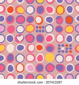 vector seamless strange cute childish circles with hearts and dots print