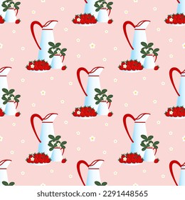 Vektornahtlose Erdbeeren auf einem Teller, Krüge mit Blüten und Blättermuster auf rosafarbenem Hintergrund, Obstdesign.