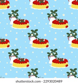 Vector seamless strawberry cake on a dish, jug with blossoms and leaves pattern on blue background, fruit design.