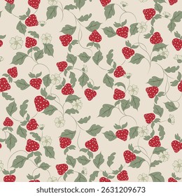 Vector seamless Strawberry Pattern with flowers. Cute colorful spring, summer pattern for fabric, wrapping paper, clothes.