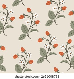Vector seamless Strawberry Pattern with flowers. Cute colorful spring, summer pattern for fabric, wrapping paper, clothes.