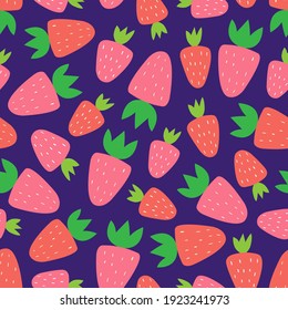 Vector seamless strawberry pattern. Ripe juicy berries in style of cardboard, flat, hand draw. Delicious print for surface design, digital paper, packaging, fabric. Natural healthy dietary product