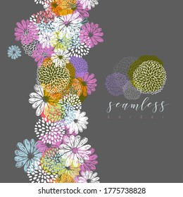 Vector seamless stripe made of lemon, blue, purple, orange, white, yellow stylized doodle flowers and place for your text on white background.