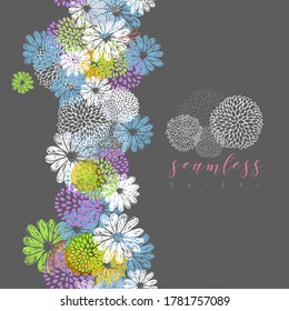 Vector seamless stripe made of lemon, blue, purple, orange, white, yellow stylized doodle flowers and place for your text on white background.