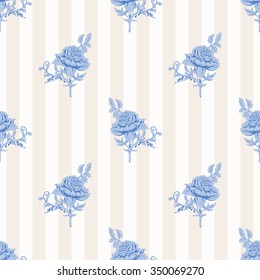 Vector seamless striped background. French garden roses n vintage style.