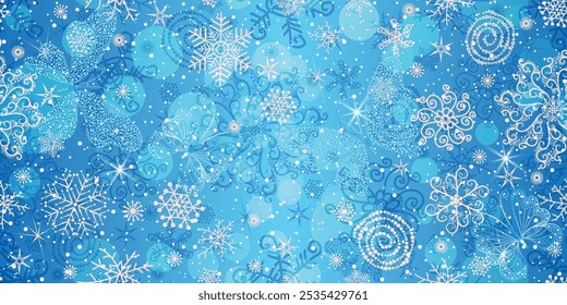 Vector seamless striped blue Christmas hand drown gradient pattern with snowflakes and butterflies 