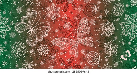 Padrão de gradiente de afogamento de mão de Natal listrado sem costura com flocos de neve e borboletas 