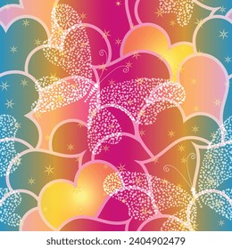 Vector seamless striped colorful gradient valentine pattern with hearts and stars and dotted butterflies