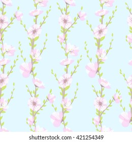 Vector seamless striped pattern with blossom tree. Cherry tree, sakura, apple tree.