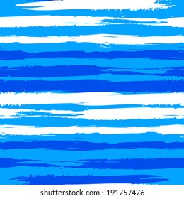 Vector seamless striped pattern with bold hand painted brushstrokes and watercolour stripes in bright variety of blue colors