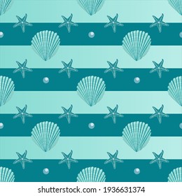 vector seamless striped sea pattern with seashells and starfish