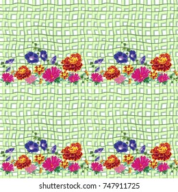 vector seamless structure with bright natural flowers, marigolds, bindweed, ivy, aster, chrysanthemum against a background of green burlap