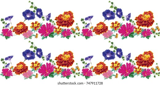 vector seamless structure with bright natural flowers, marigolds, bindweed, ivy, aster, chrysanthemum  on white background