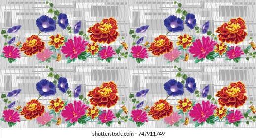 vector seamless structure with bright natural flowers, marigolds, bindweed, ivy, aster, chrysanthemum  against the background of the geometric structure