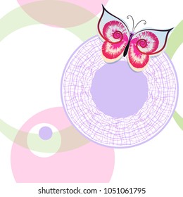 Vector seamless stylish abstract pattern with butterfly on white background with circles and rings, intertwining lines in gentle pastel tones