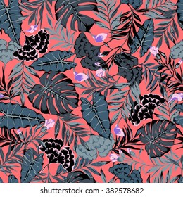 vector seamless stylish bright artistic topics pattern with flowers, philodendron, split leaf, tropical leaves, leaf, rain forest wild nature design, colorful summer vibes tropic background print