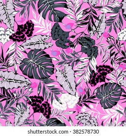 vector seamless stylish bright artistic topics pattern with flowers, philodendron, split leaf, tropical leaves, leaf, rain forest wild nature design, colorful summer vibes tropic background print
