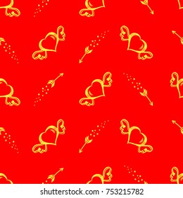 Vector seamless stylish pattern with hand drawn hearts with wings and flying arrows. Valentine's Day. For wrappers, fabrics, textiles, wallpaper, web design.