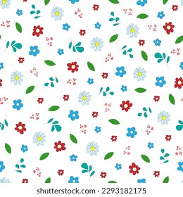 Vector seamless stylish summer pattern in cartoon style with leaves and flowers on a white background. Can be used for printing, textile and packaging.