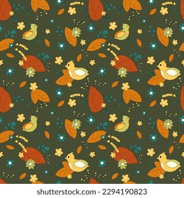 Vector seamless stylish summer pattern in cartoon style with leaves, flowers and birds on a dark green background. Can be used for printing, textile and packaging.